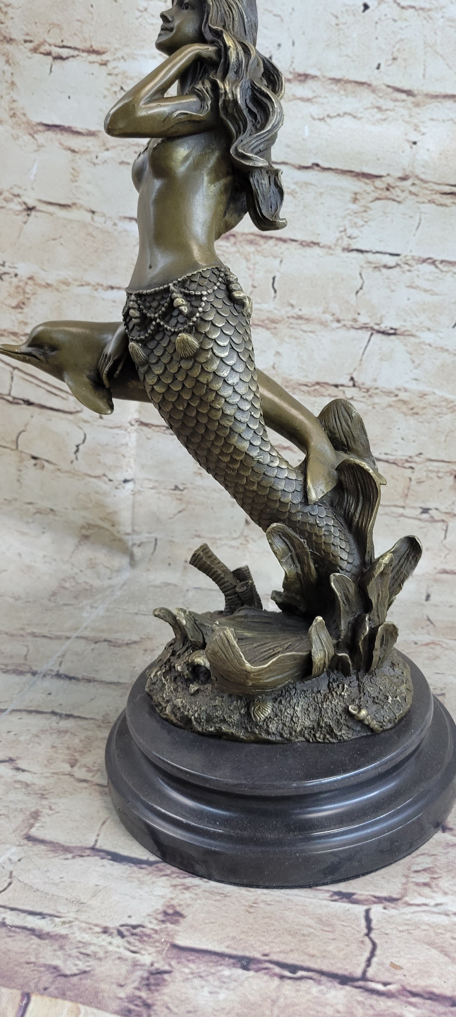 Mermaid and Dolphin Bronze Sculpture 14" x 9" Marble Base