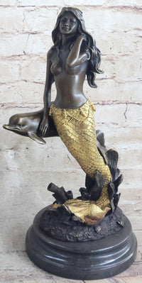 Large Multi Color Patina Hot Cast Mermaid & Dolphin by Lost Wax