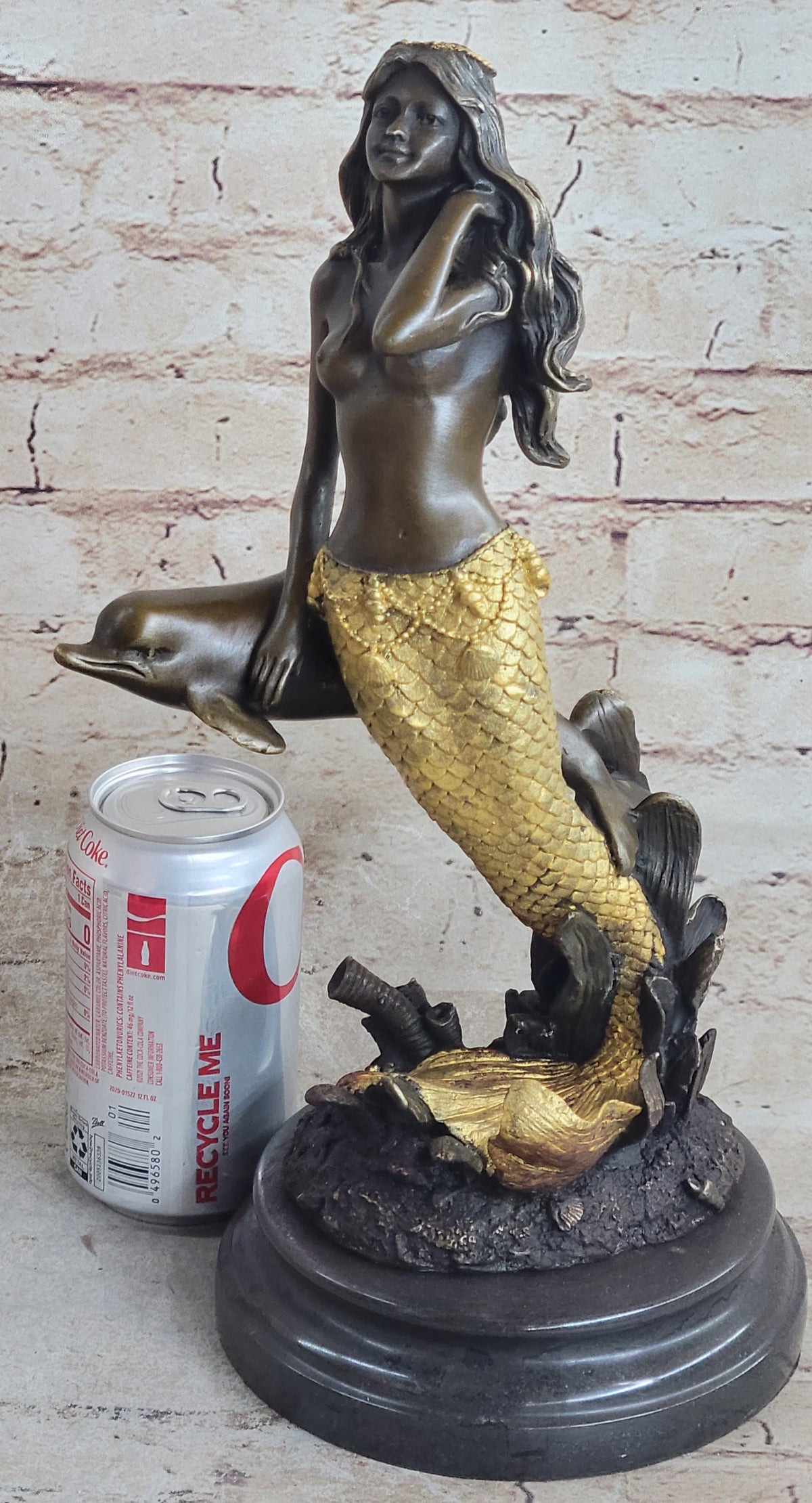Large Multi Color Patina Hot Cast Mermaid & Dolphin by Lost Wax