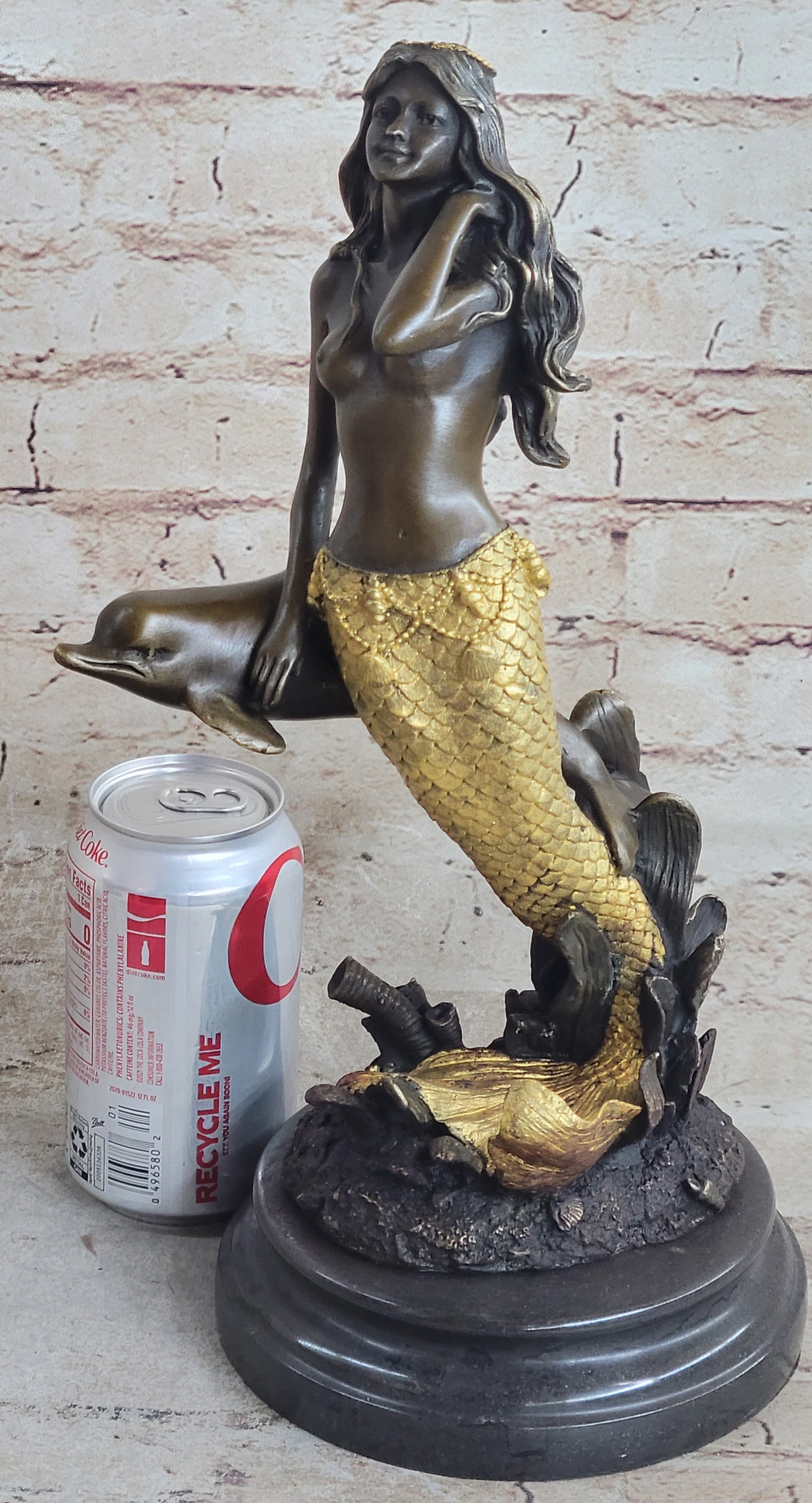 Large Multi Color Patina Hot Cast Mermaid & Dolphin by Lost Wax