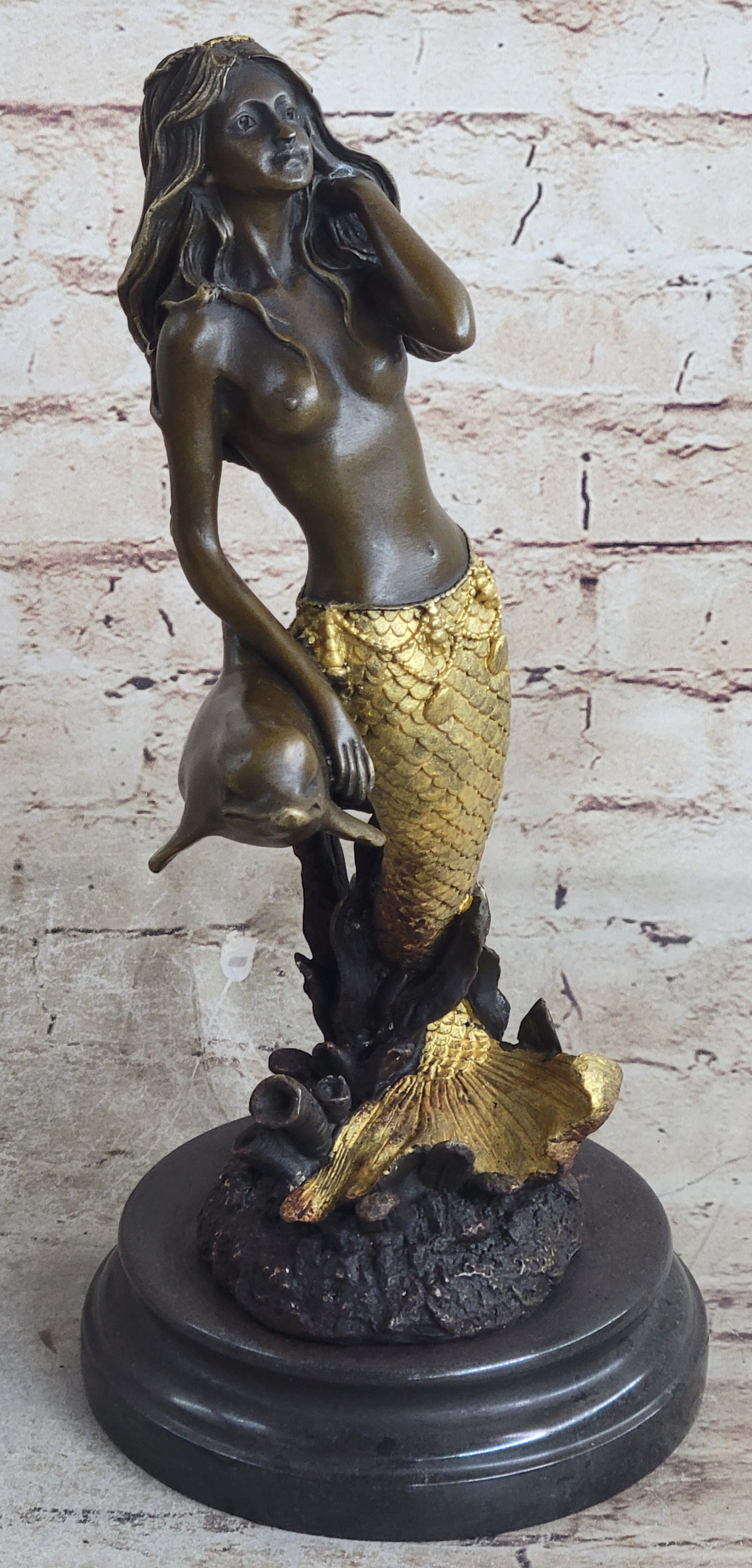 Large Multi Color Patina Hot Cast Mermaid & Dolphin by Lost Wax