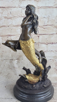 Large Multi Color Patina Hot Cast Mermaid & Dolphin by Lost Wax