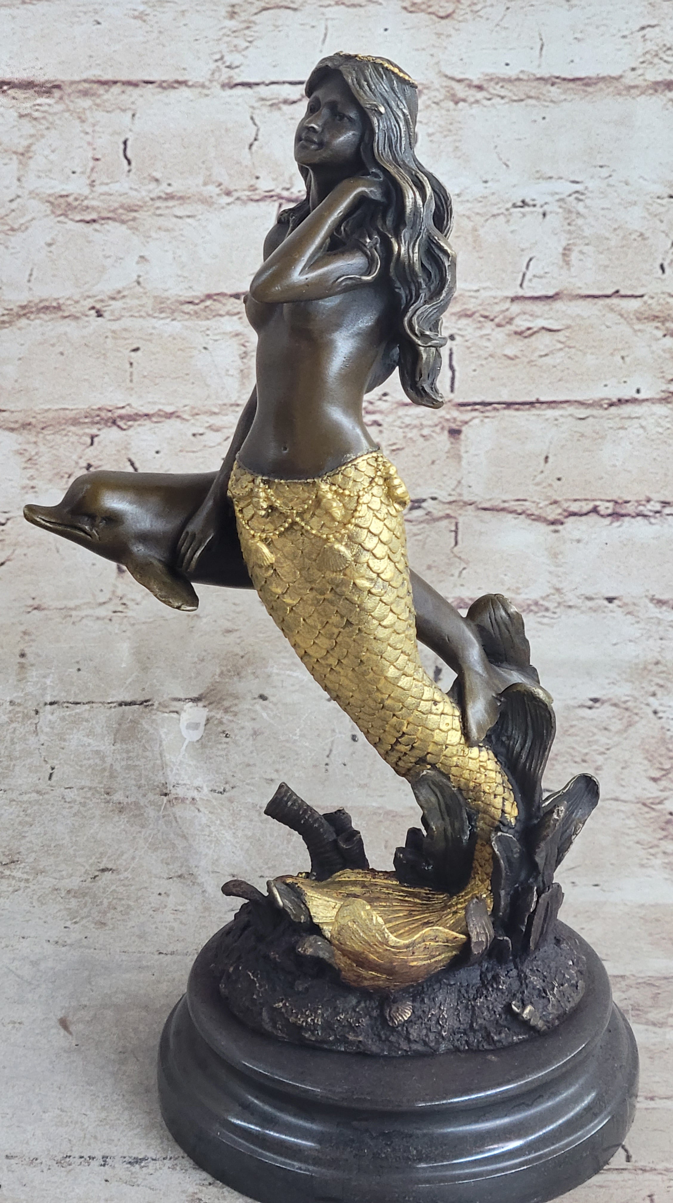 Large Multi Color Patina Hot Cast Mermaid & Dolphin by Lost Wax