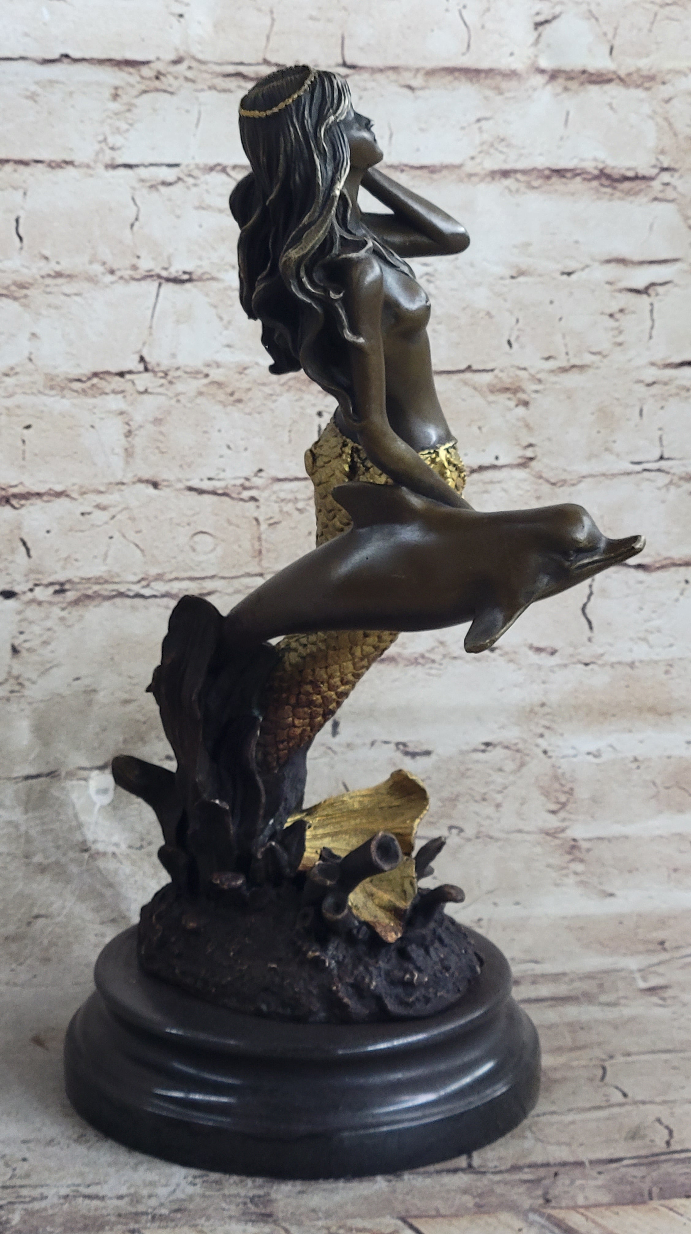 Large Multi Color Patina Hot Cast Mermaid & Dolphin by Lost Wax