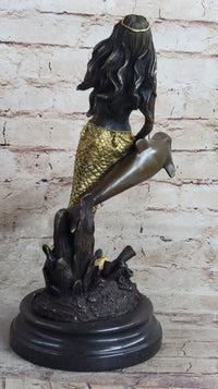 Large Multi Color Patina Hot Cast Mermaid & Dolphin by Lost Wax