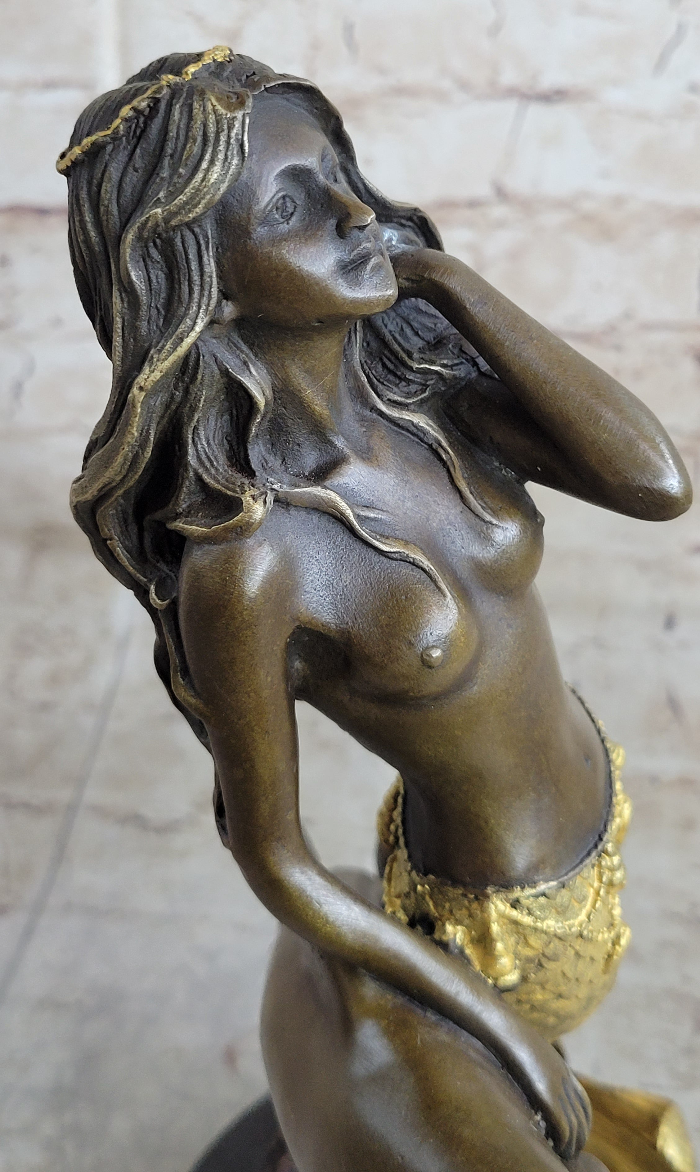 Large Multi Color Patina Hot Cast Mermaid & Dolphin by Lost Wax