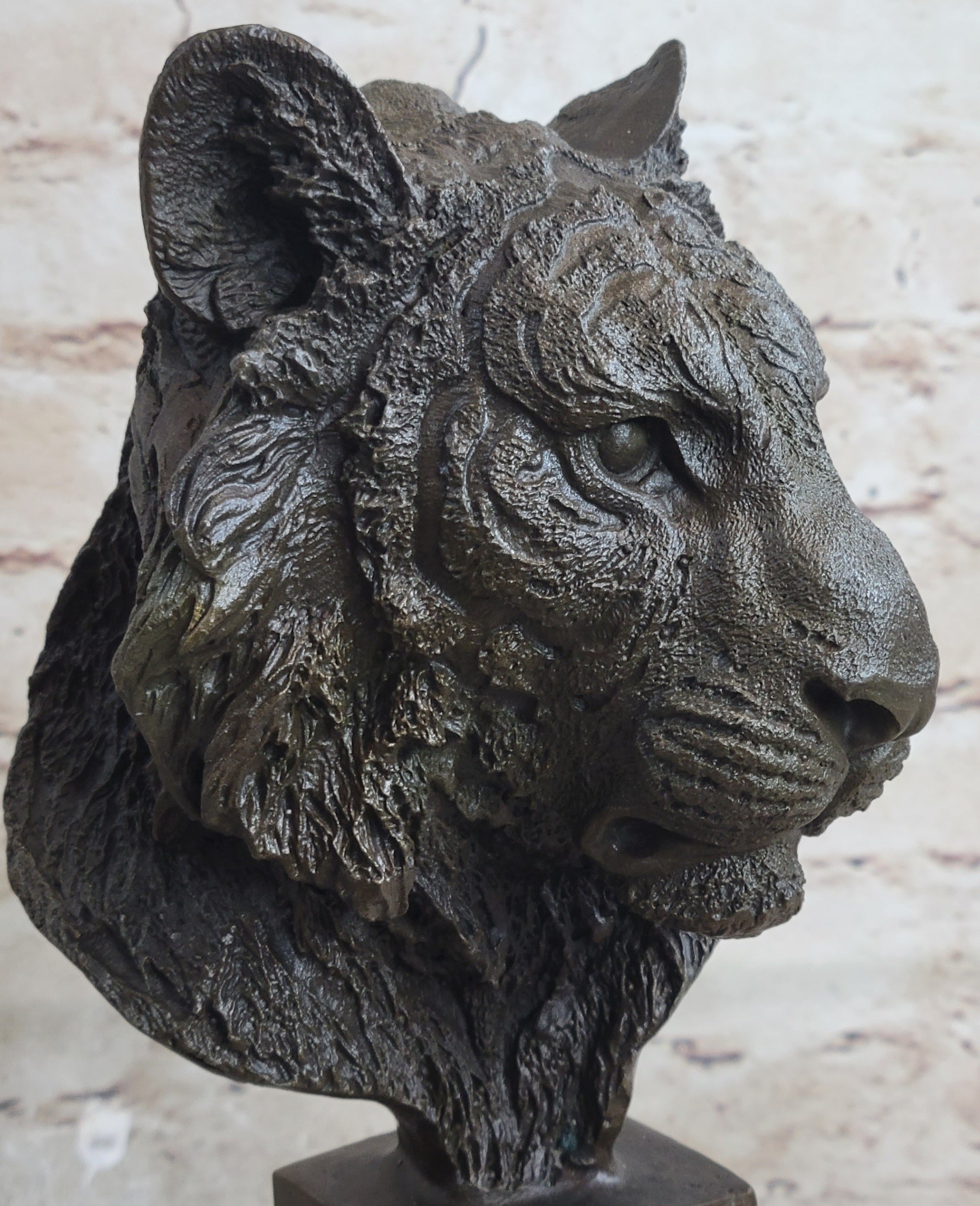 Tiger Bronze Metal Bust Sculpture Tiger's Head Marble Base 10" x 5"