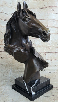Two Horses Bust Real Bronze Sculpture by Milo on Marble Base