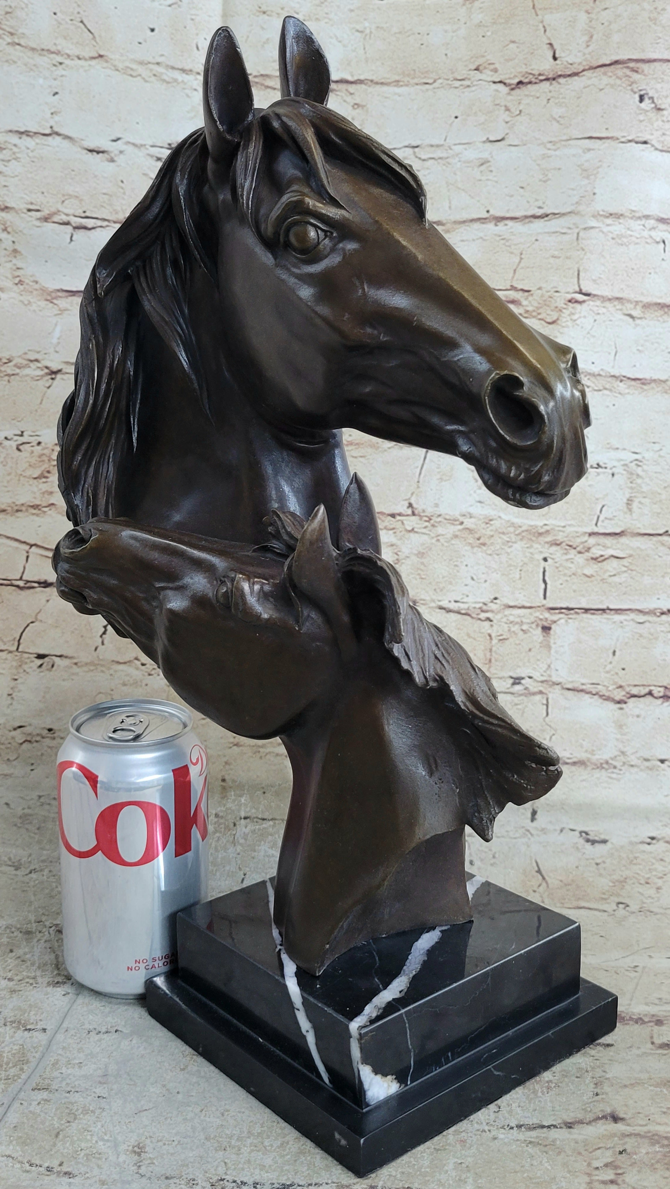 Two Horses Bust Real Bronze Sculpture by Milo on Marble Base