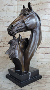 Two Horses Bust Real Bronze Sculpture by Milo on Marble Base