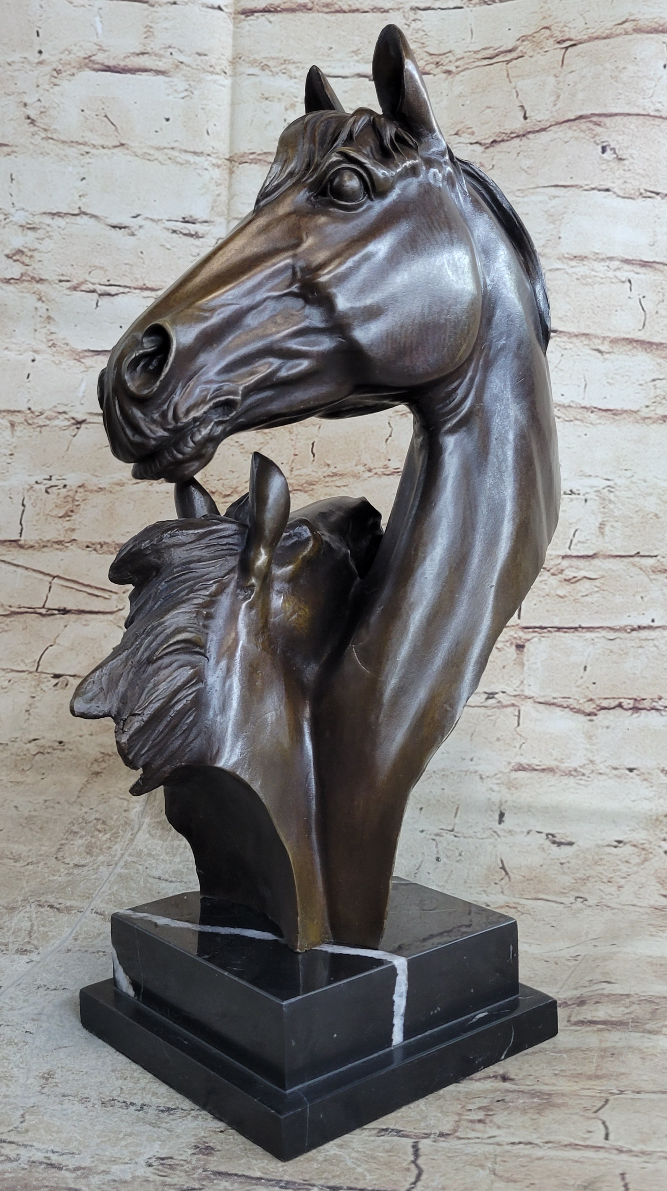Two Horses Bust Real Bronze Sculpture by Milo on Marble Base