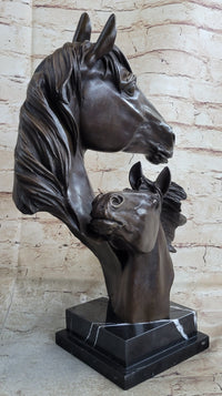 Two Horses Bust Real Bronze Sculpture by Milo on Marble Base