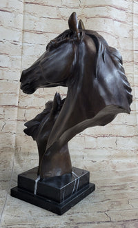 Two Horses Bust Real Bronze Sculpture by Milo on Marble Base