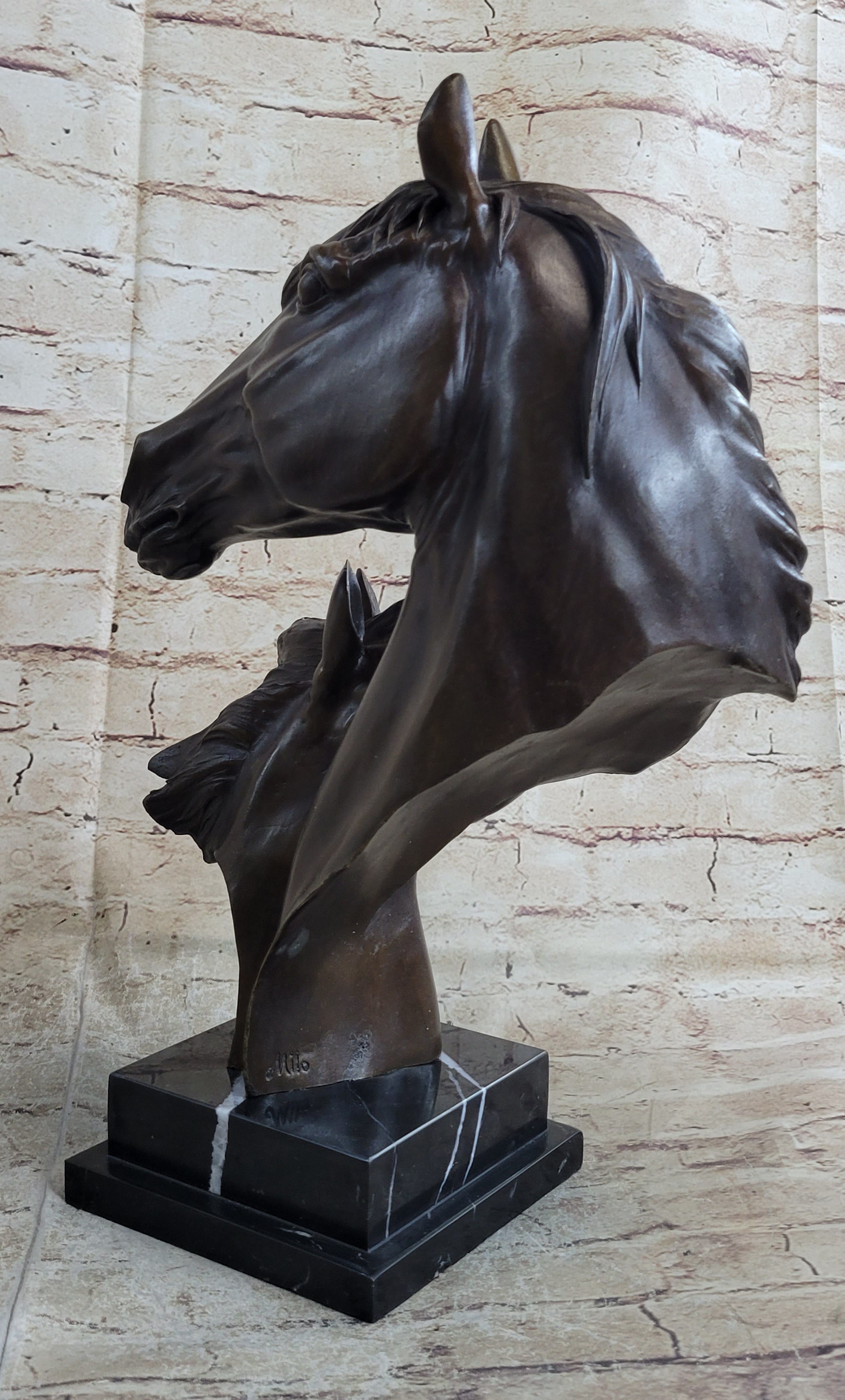 Two Horses Bust Real Bronze Sculpture by Milo on Marble Base