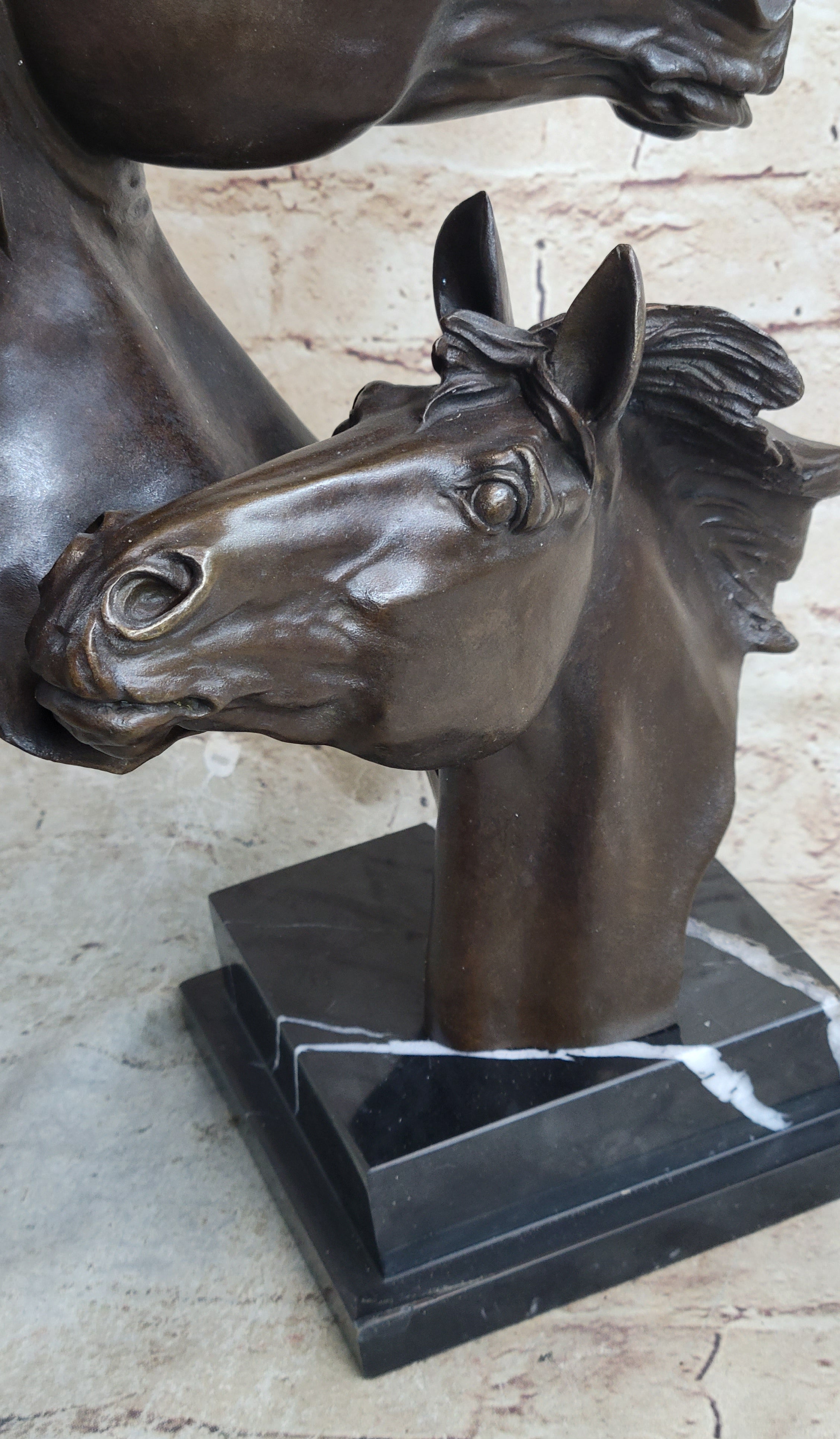 Two Horses Bust Real Bronze Sculpture by Milo on Marble Base