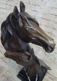 Two Horses Bust Real Bronze Sculpture by Milo on Marble Base