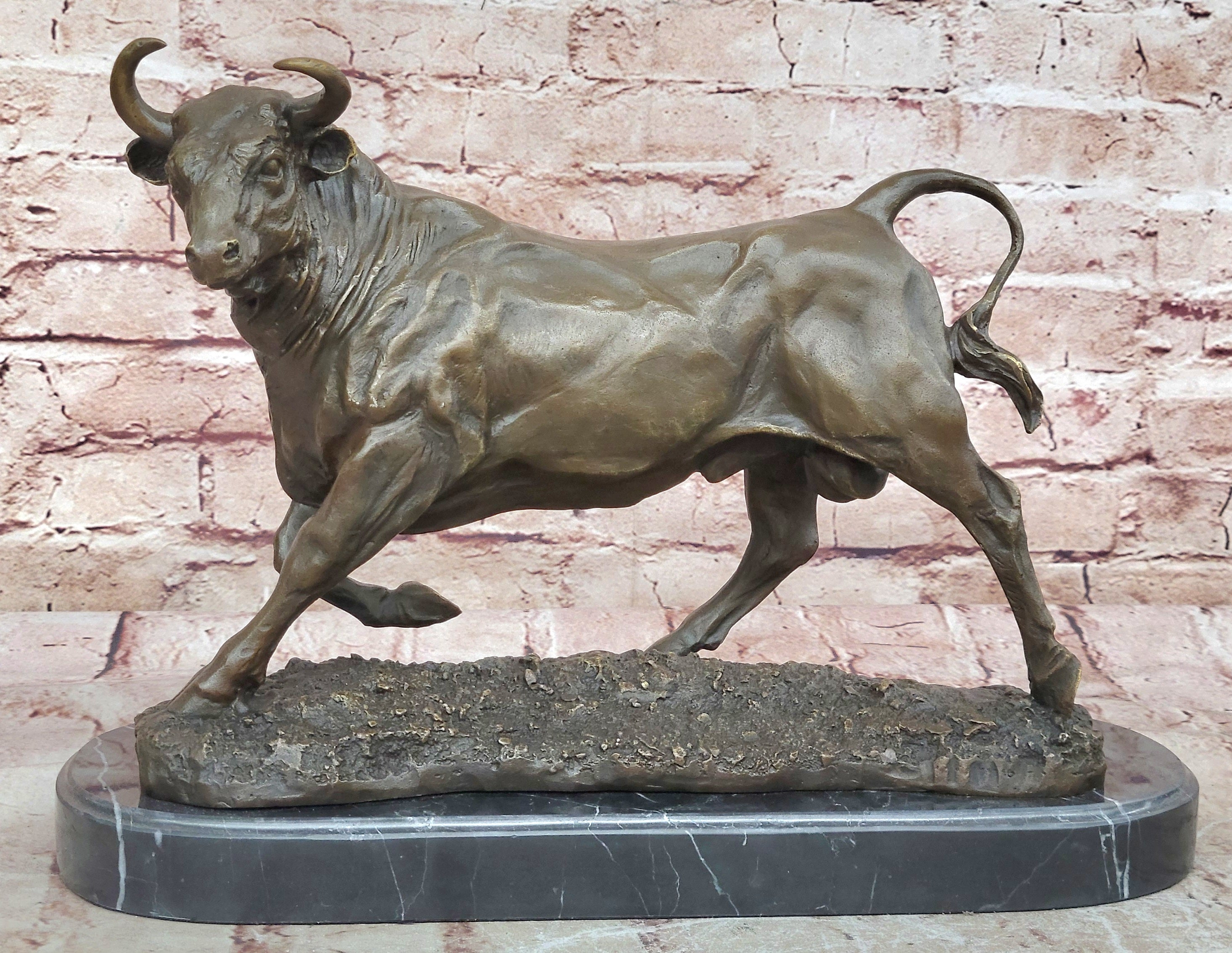 Bronze Bull Sculpture Marble Base Abstract Art Deco
