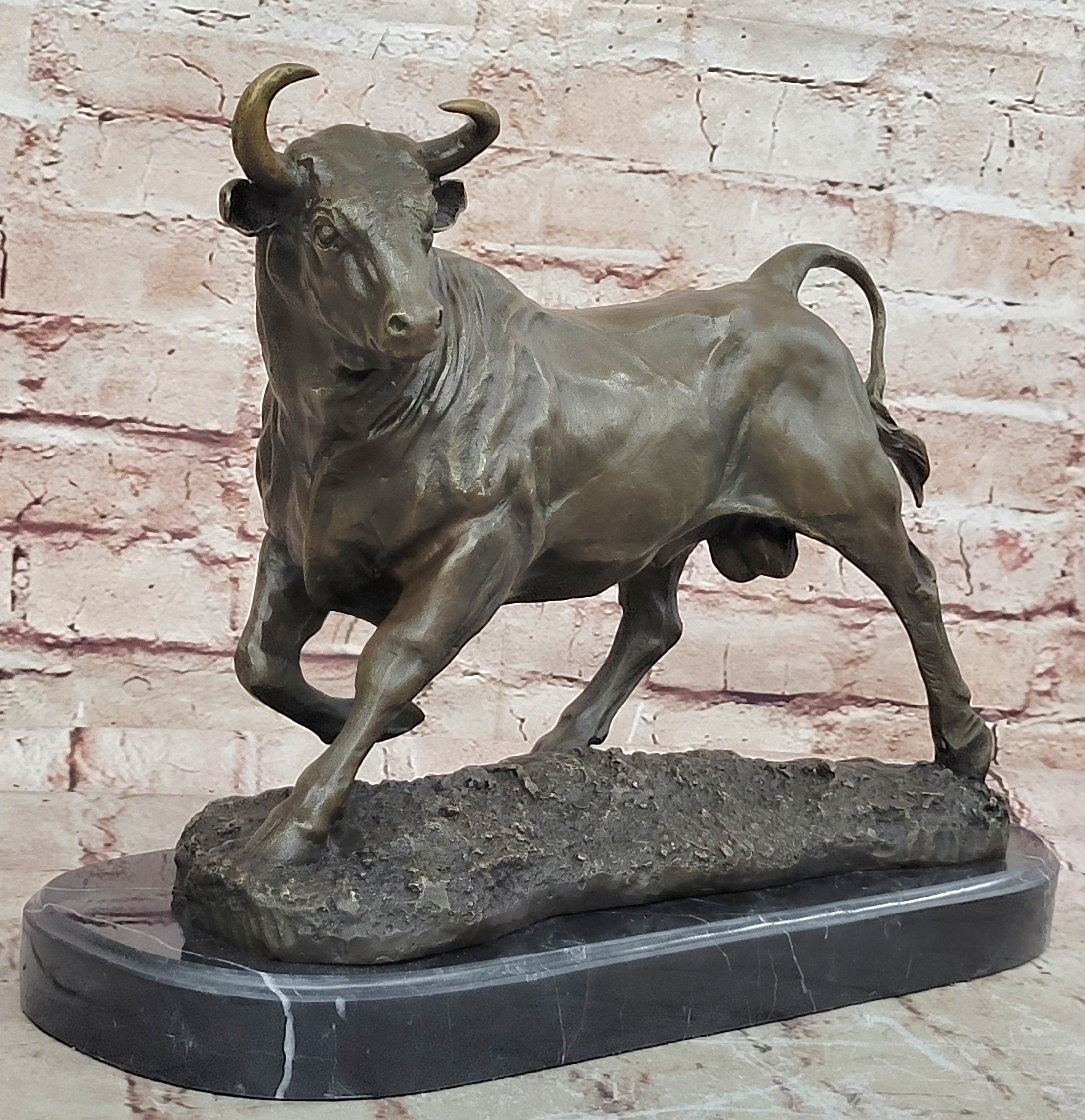 Bronze Bull Sculpture Marble Base Abstract Art Deco