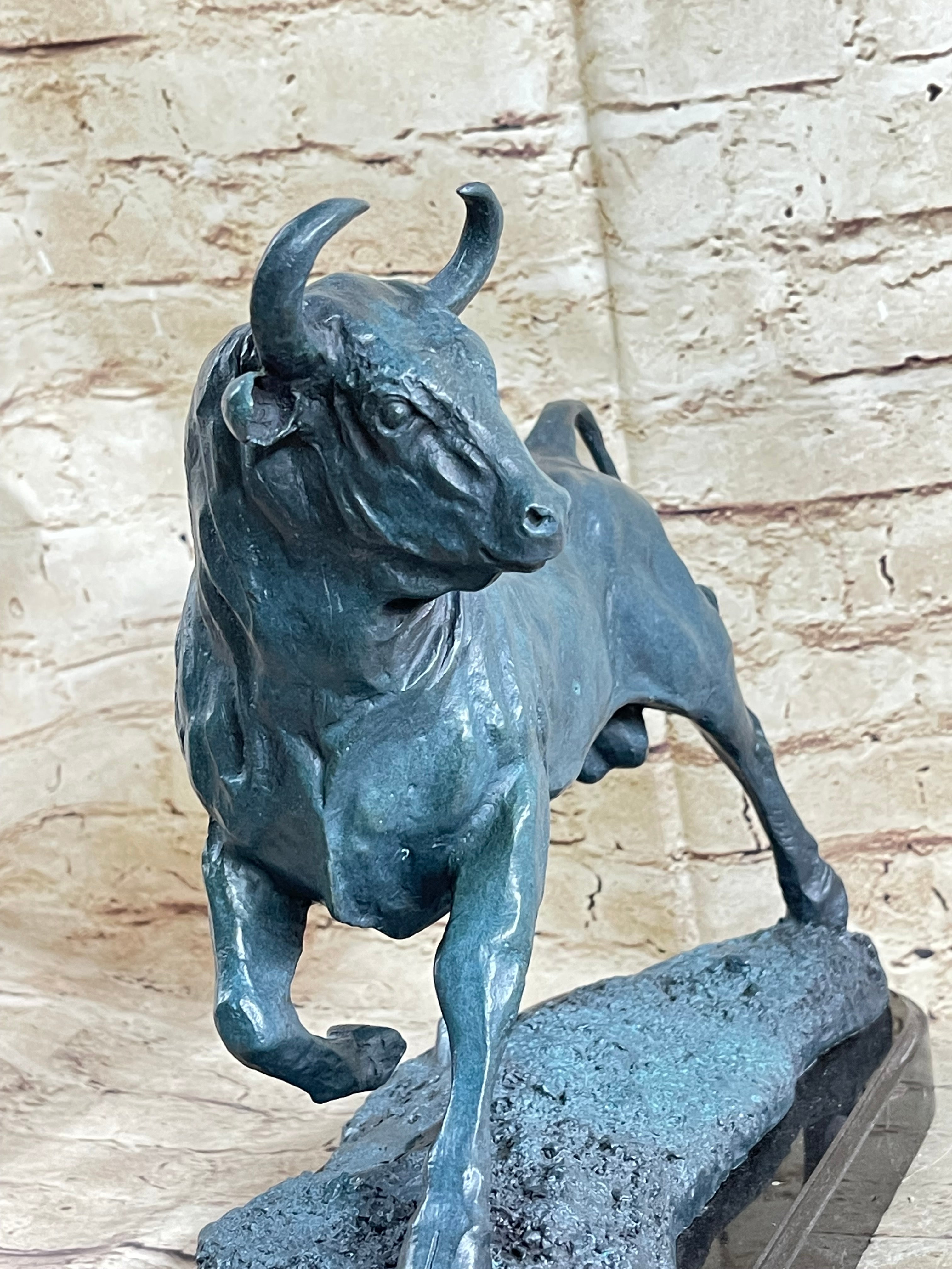 Wall Street Bull Green Patina Bronze 11" x 16" Sculpture