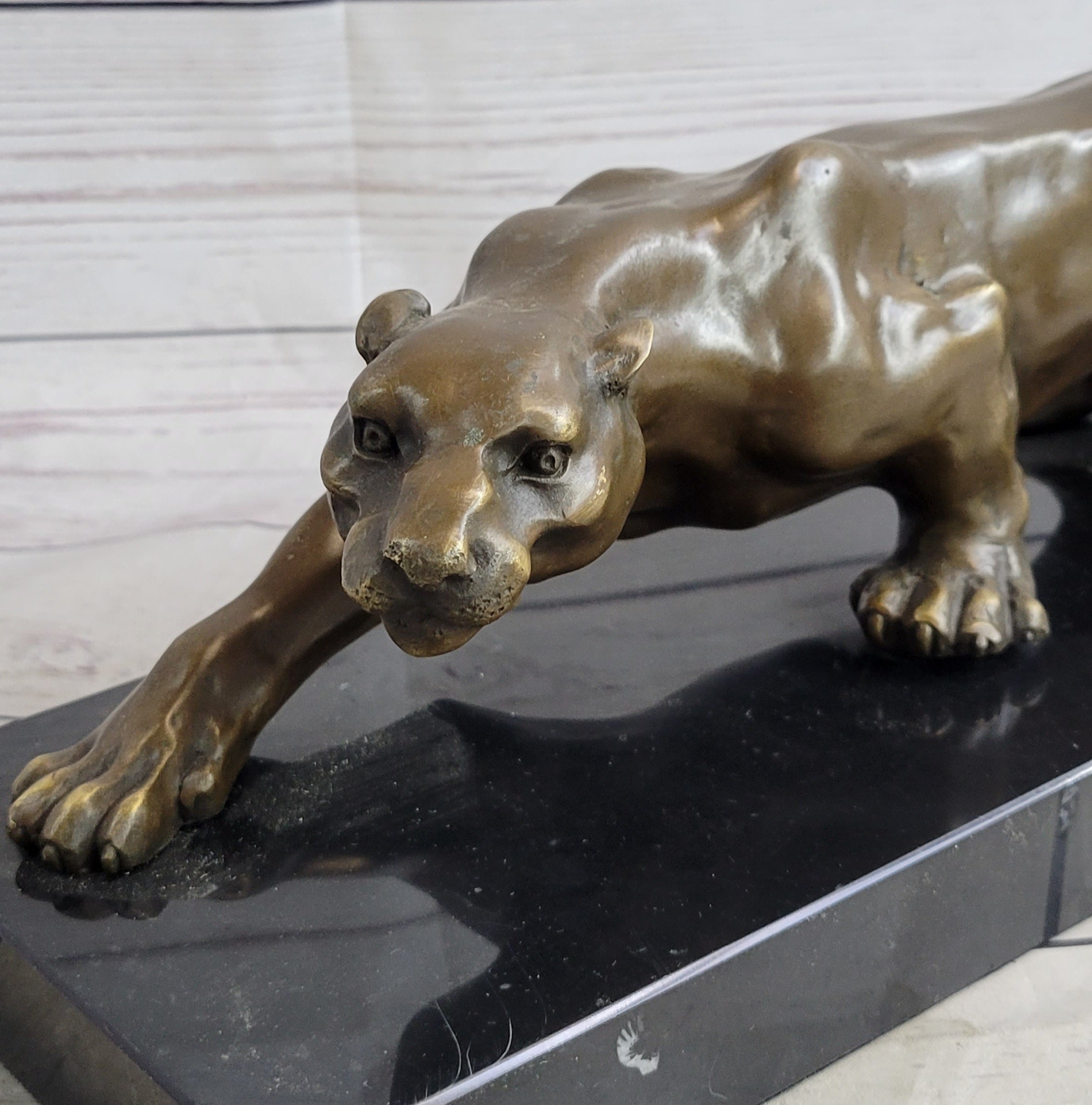 Cougar Puma Panther Mountain Lion Bronze Sculpture on Marble Base