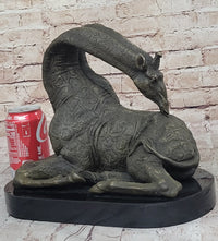 African Graceful Giraffe Sitting Bronze Sculpture Signed Marble Base