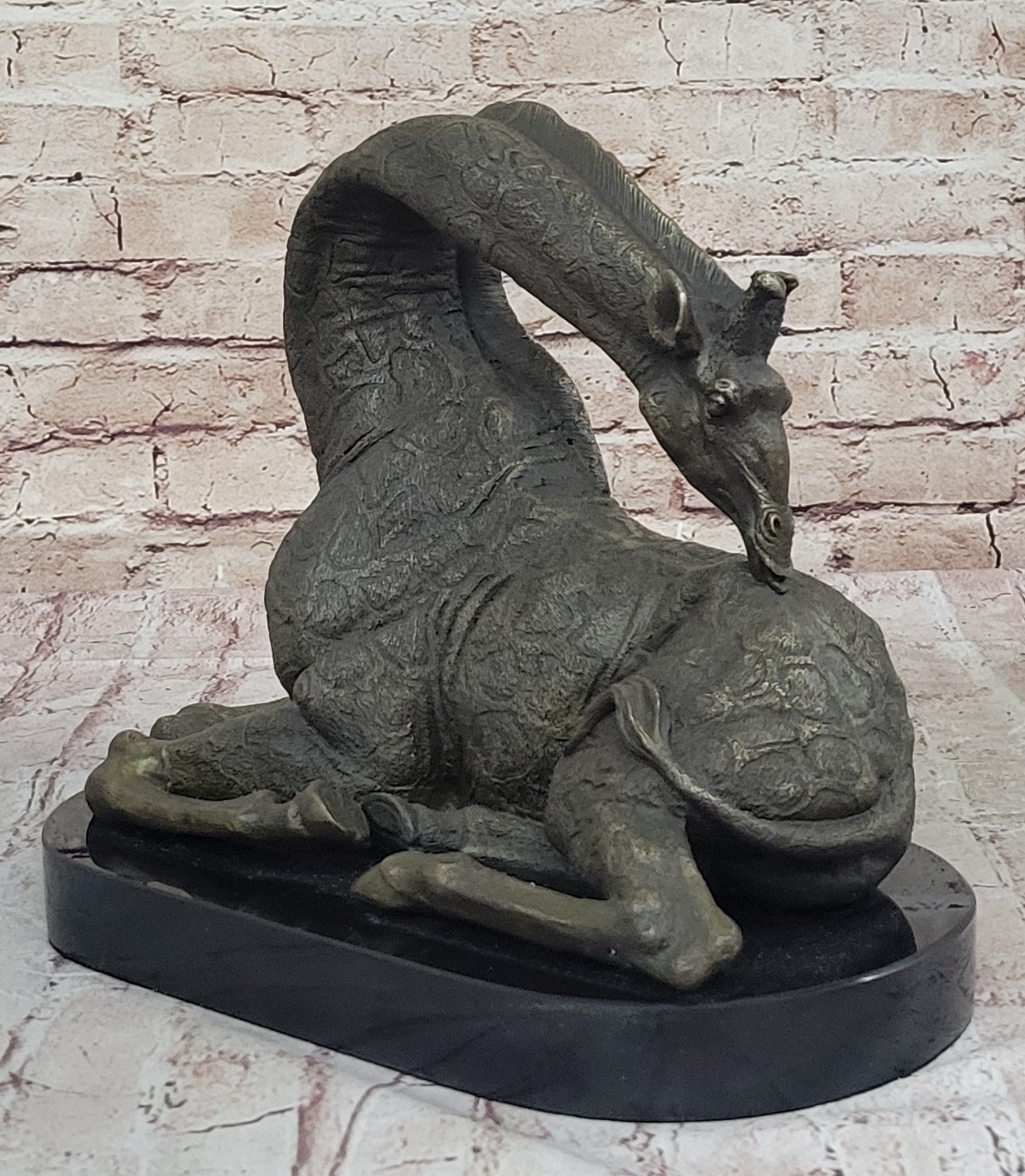 African Graceful Giraffe Sitting Bronze Sculpture Signed Marble Base