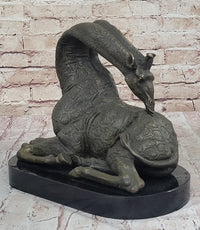 African Graceful Giraffe Sitting Bronze Sculpture Signed Marble Base