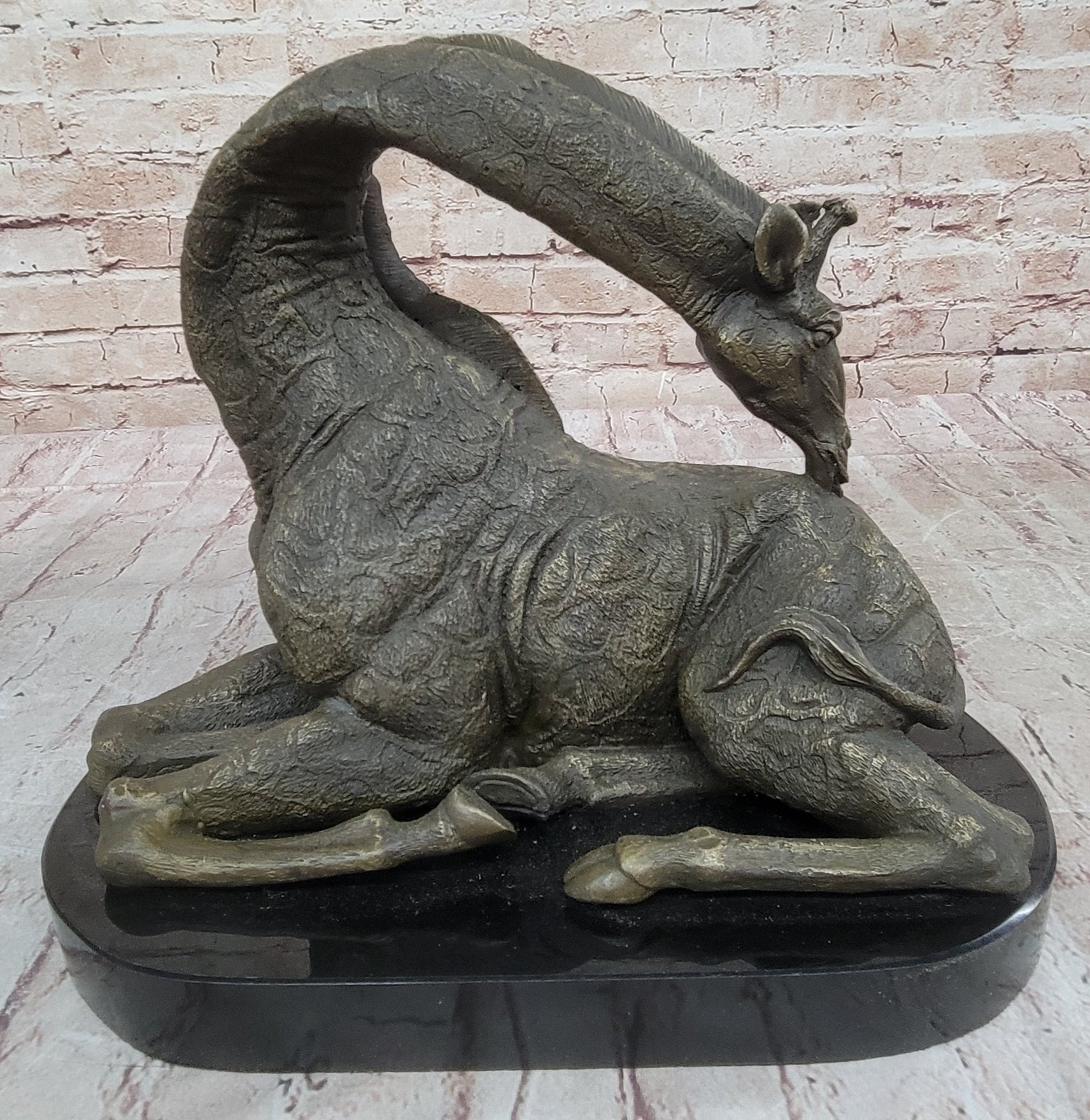 African Graceful Giraffe Sitting Bronze Sculpture Signed Marble Base