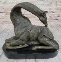 African Graceful Giraffe Sitting Bronze Sculpture Signed Marble Base