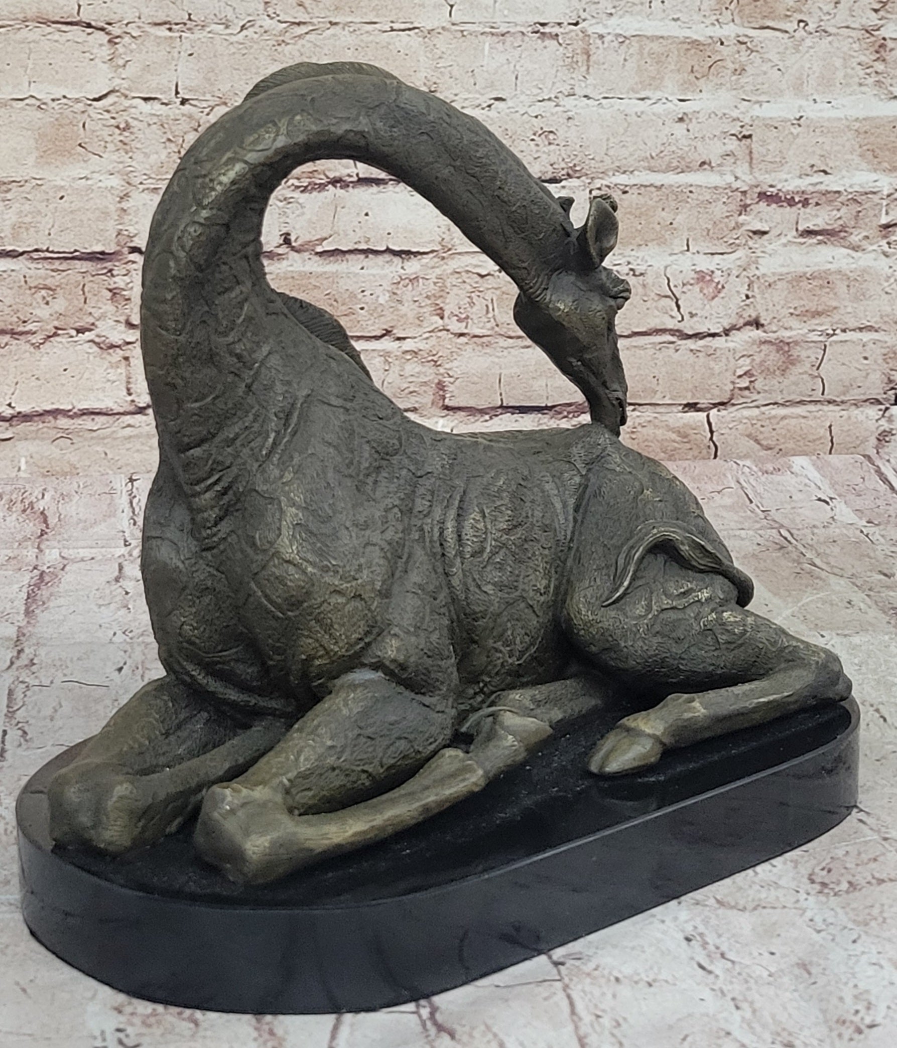 African Graceful Giraffe Sitting Bronze Sculpture Signed Marble Base
