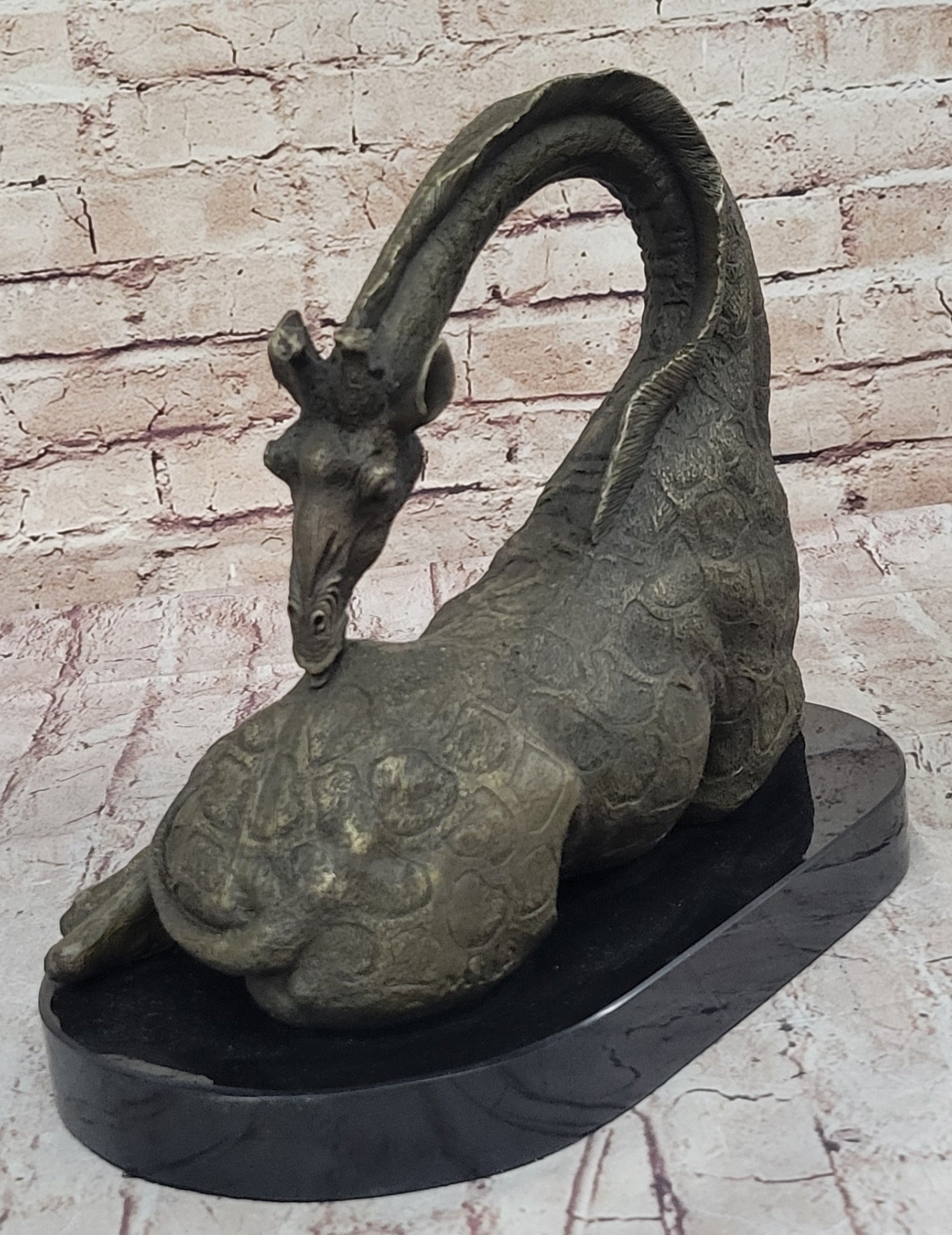 African Graceful Giraffe Sitting Bronze Sculpture Signed Marble Base