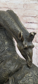 African Graceful Giraffe Sitting Bronze Sculpture Signed Marble Base