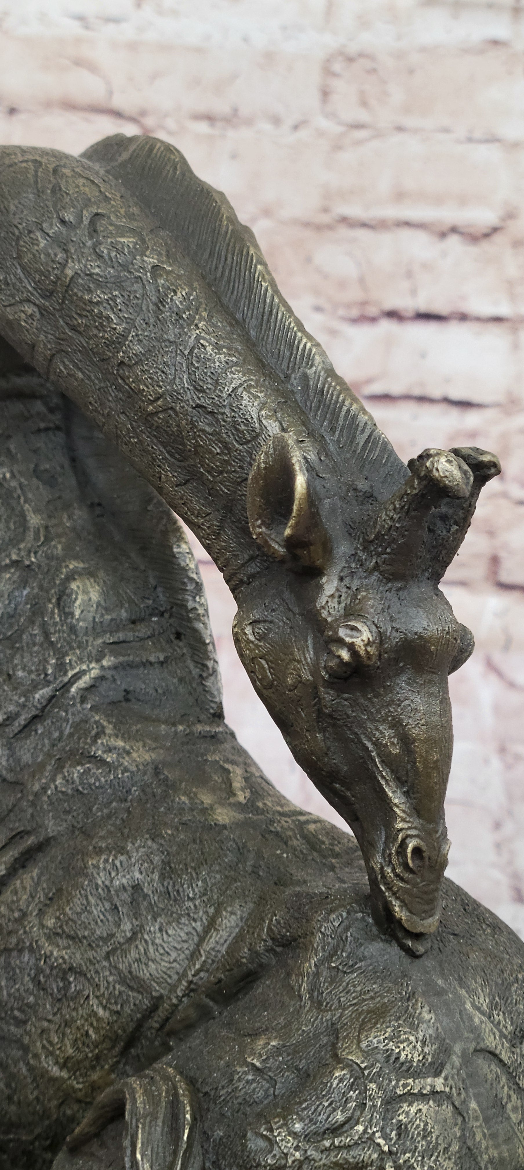 African Graceful Giraffe Sitting Bronze Sculpture Signed Marble Base