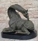 African Graceful Giraffe Sitting Bronze Sculpture Signed Marble Base