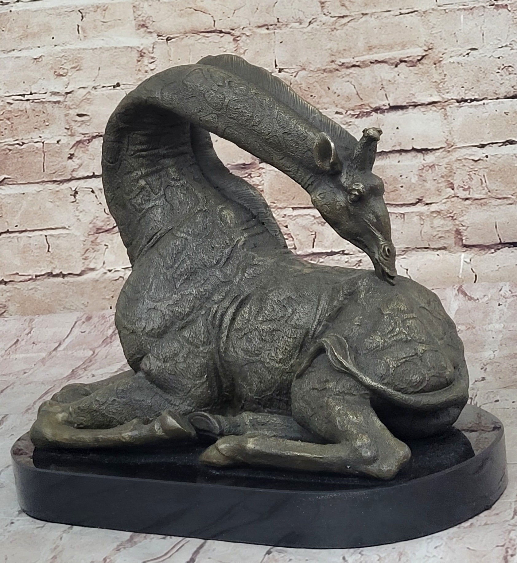 African Graceful Giraffe Sitting Bronze Sculpture Signed Marble Base