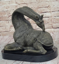 African Graceful Giraffe Sitting Bronze Sculpture Signed Marble Base