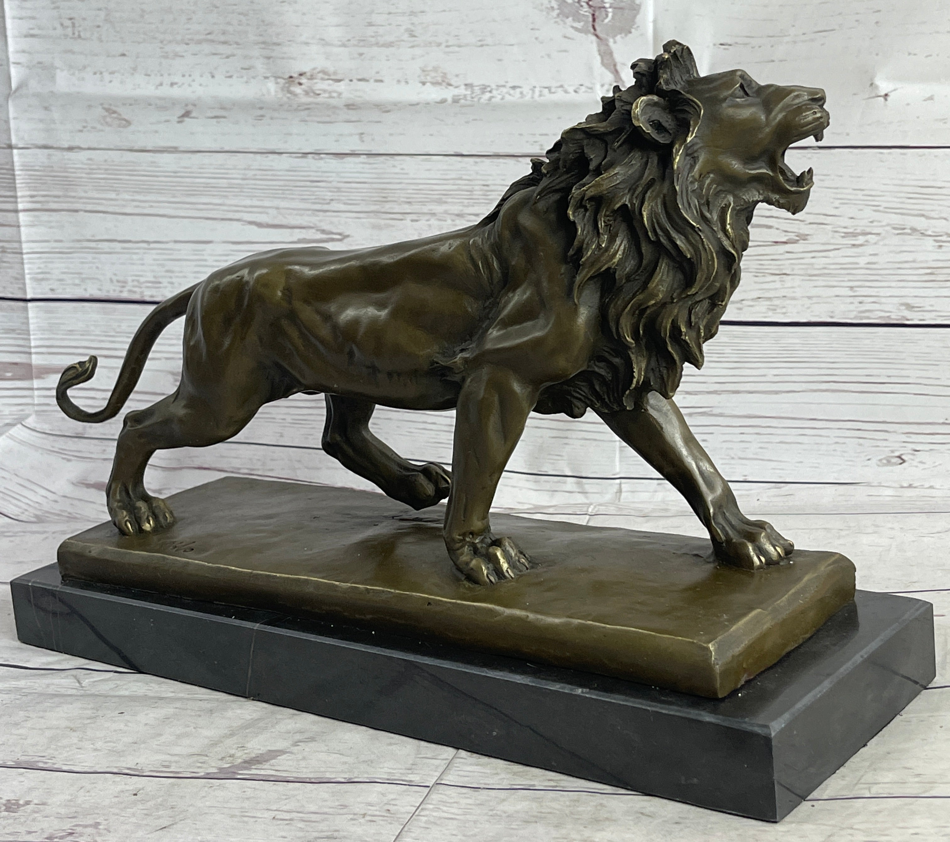 African Lion Bronze Sculpture by Milo with Marble Base