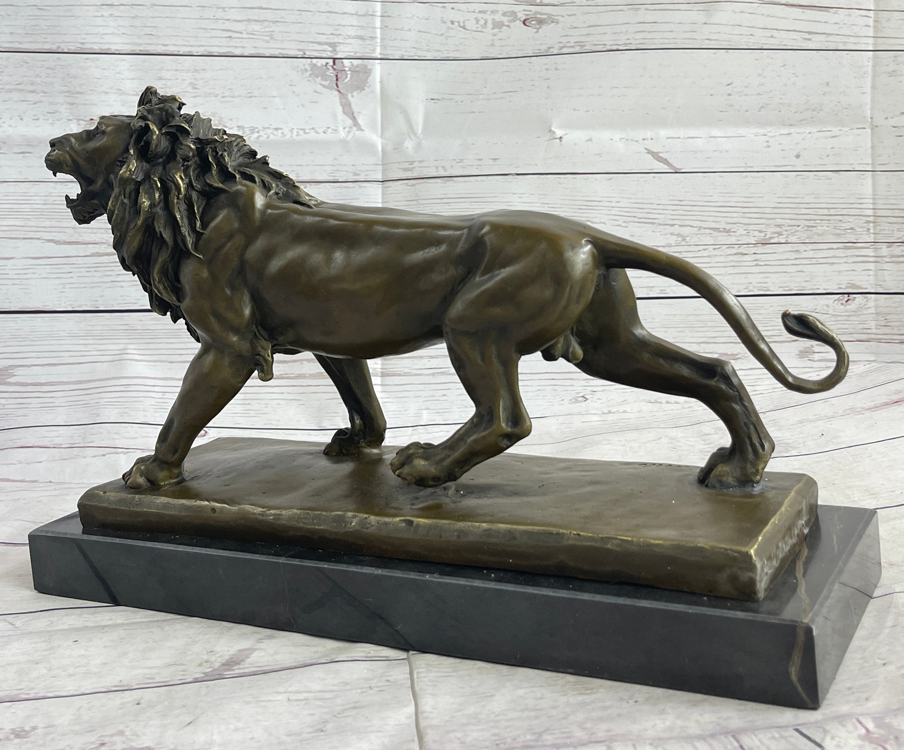 African Lion Bronze Sculpture by Milo with Marble Base