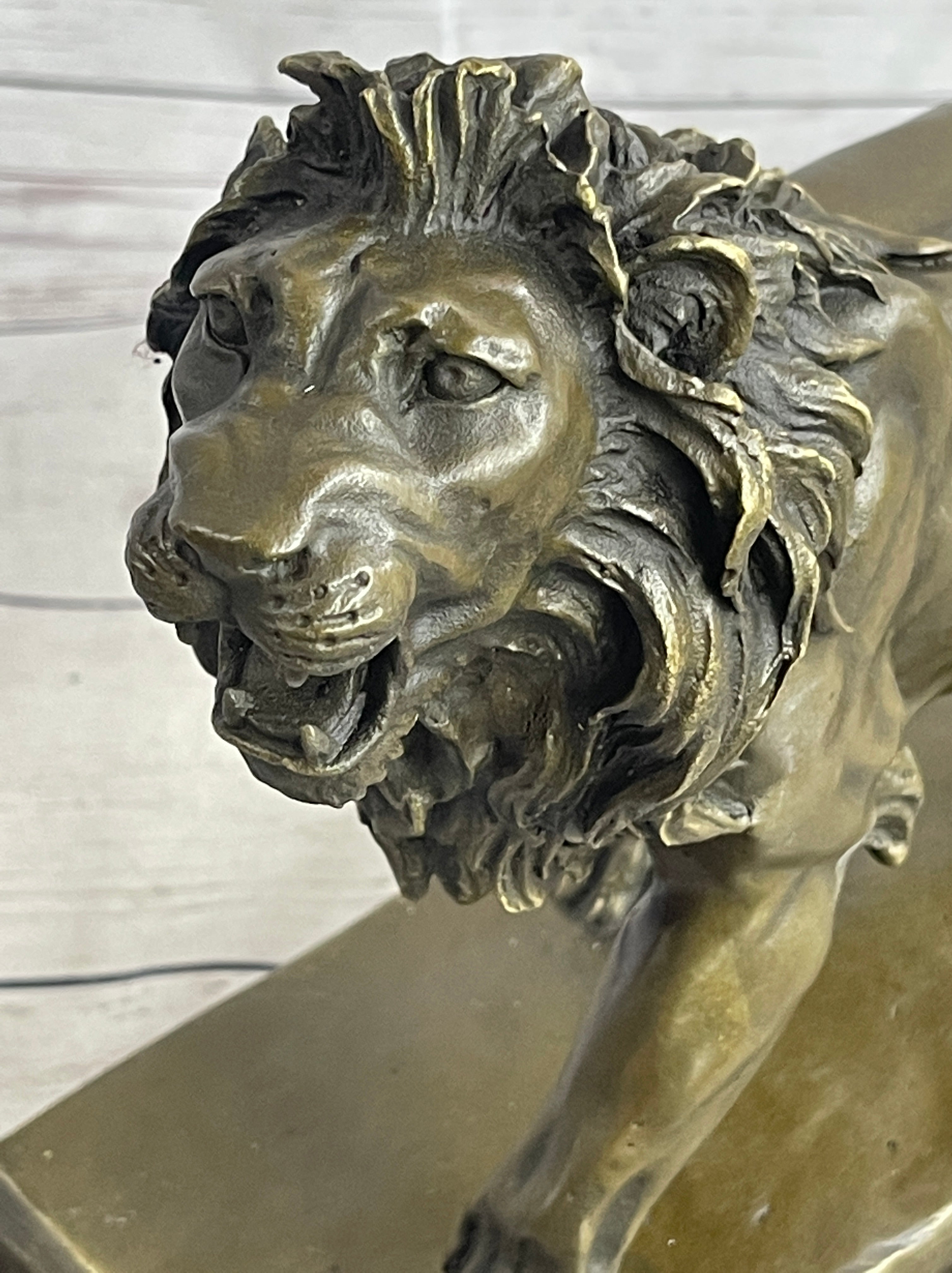 African Lion Bronze Sculpture by Milo with Marble Base