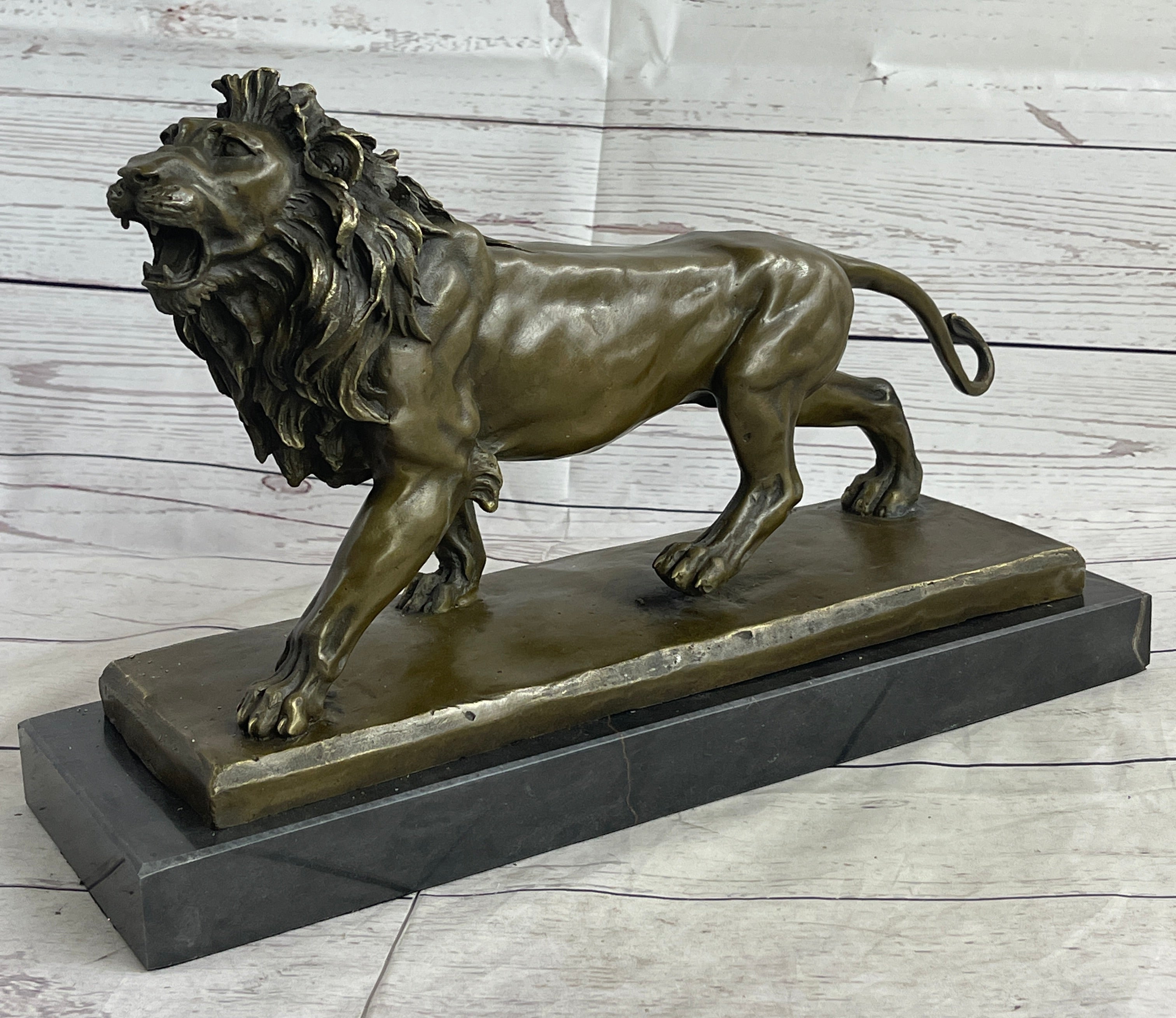 African Lion Bronze Sculpture by Milo with Marble Base