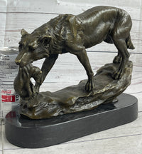 Wolf Carrying Cub Bronze Sculpture Marble Base 9" x 11"