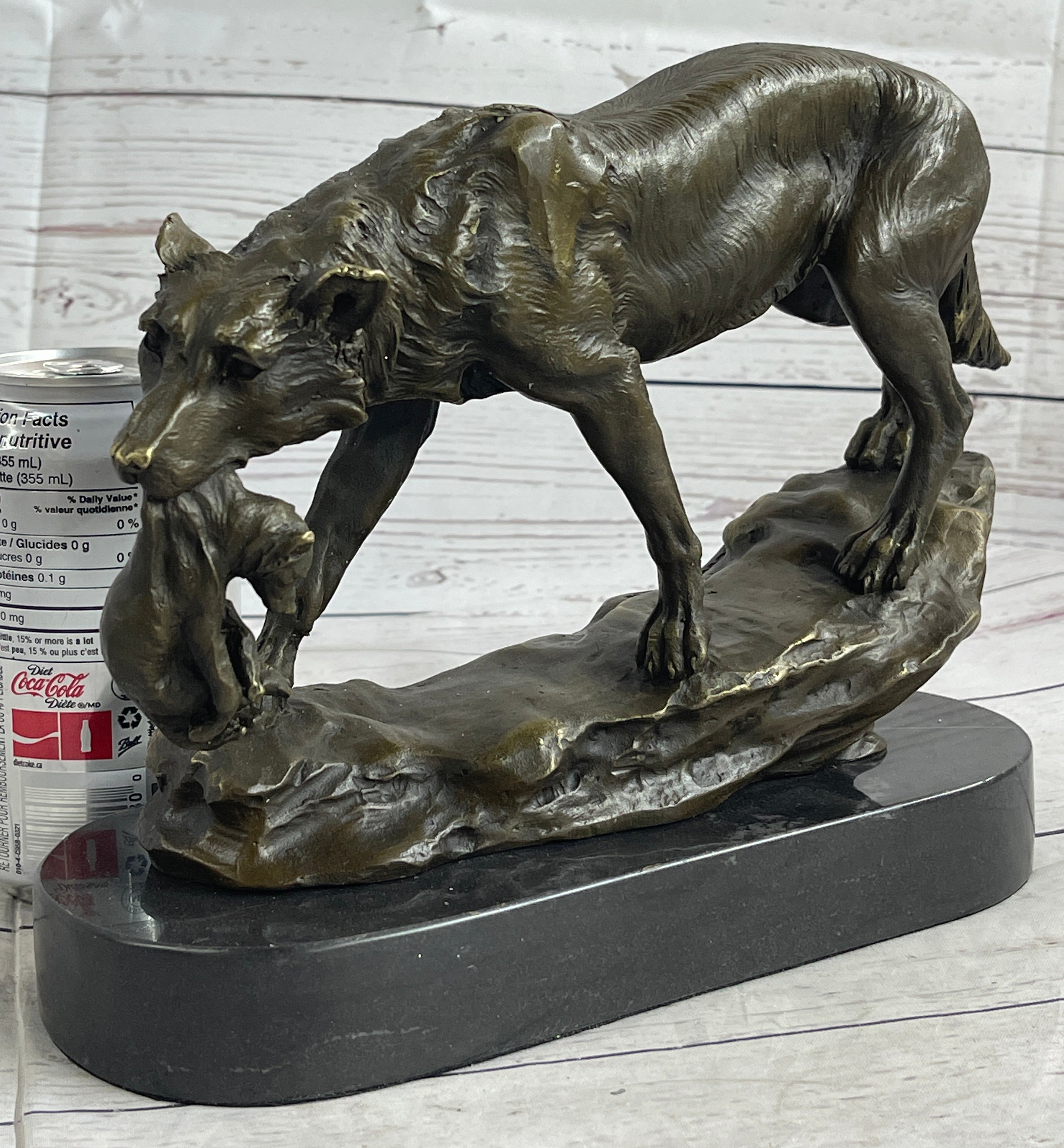 Wolf Carrying Cub Bronze Sculpture Marble Base 9" x 11"