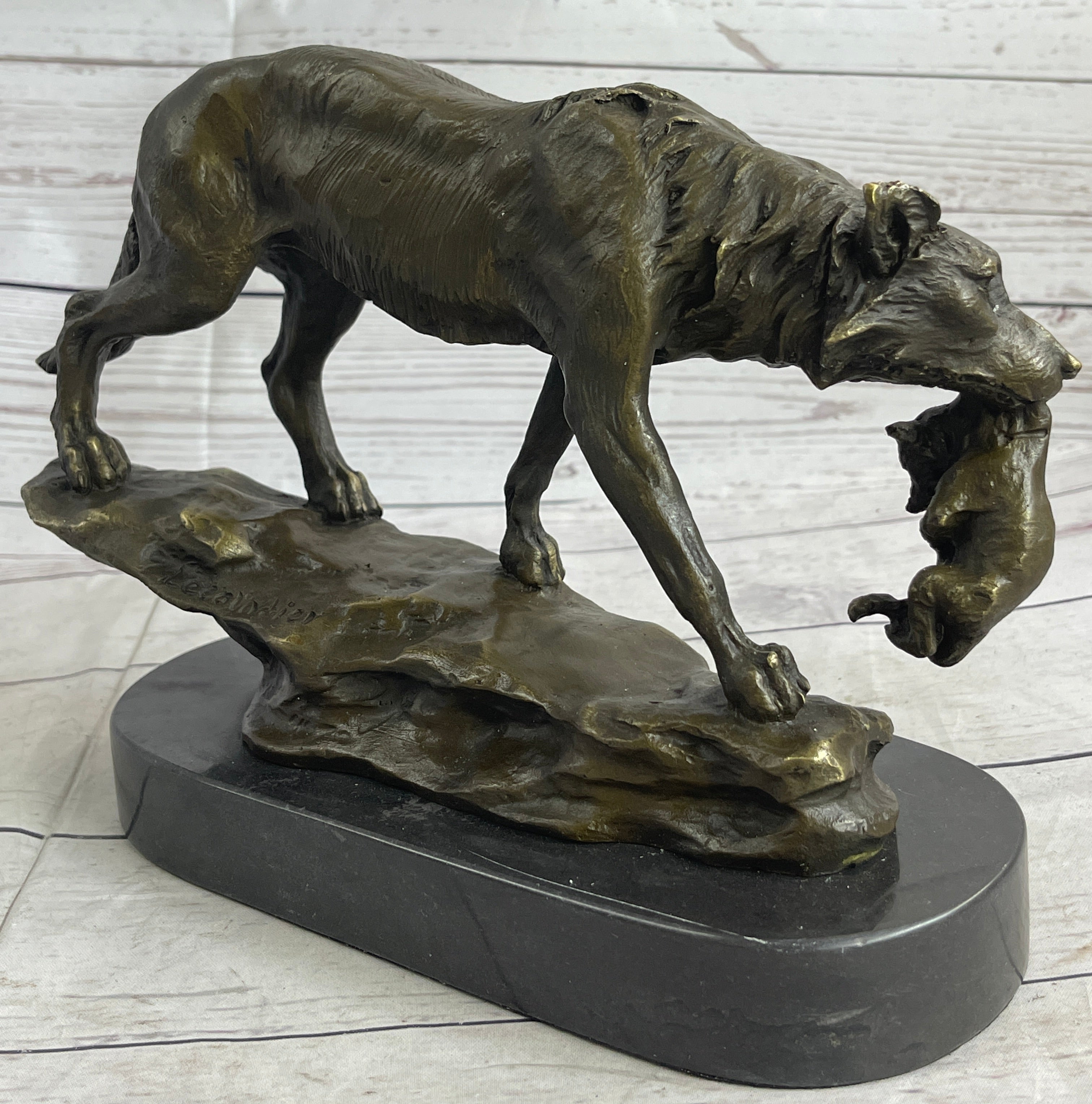 Wolf Carrying Cub Bronze Sculpture Marble Base 9" x 11"