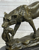 Wolf Carrying Cub Bronze Sculpture Marble Base 9" x 11"