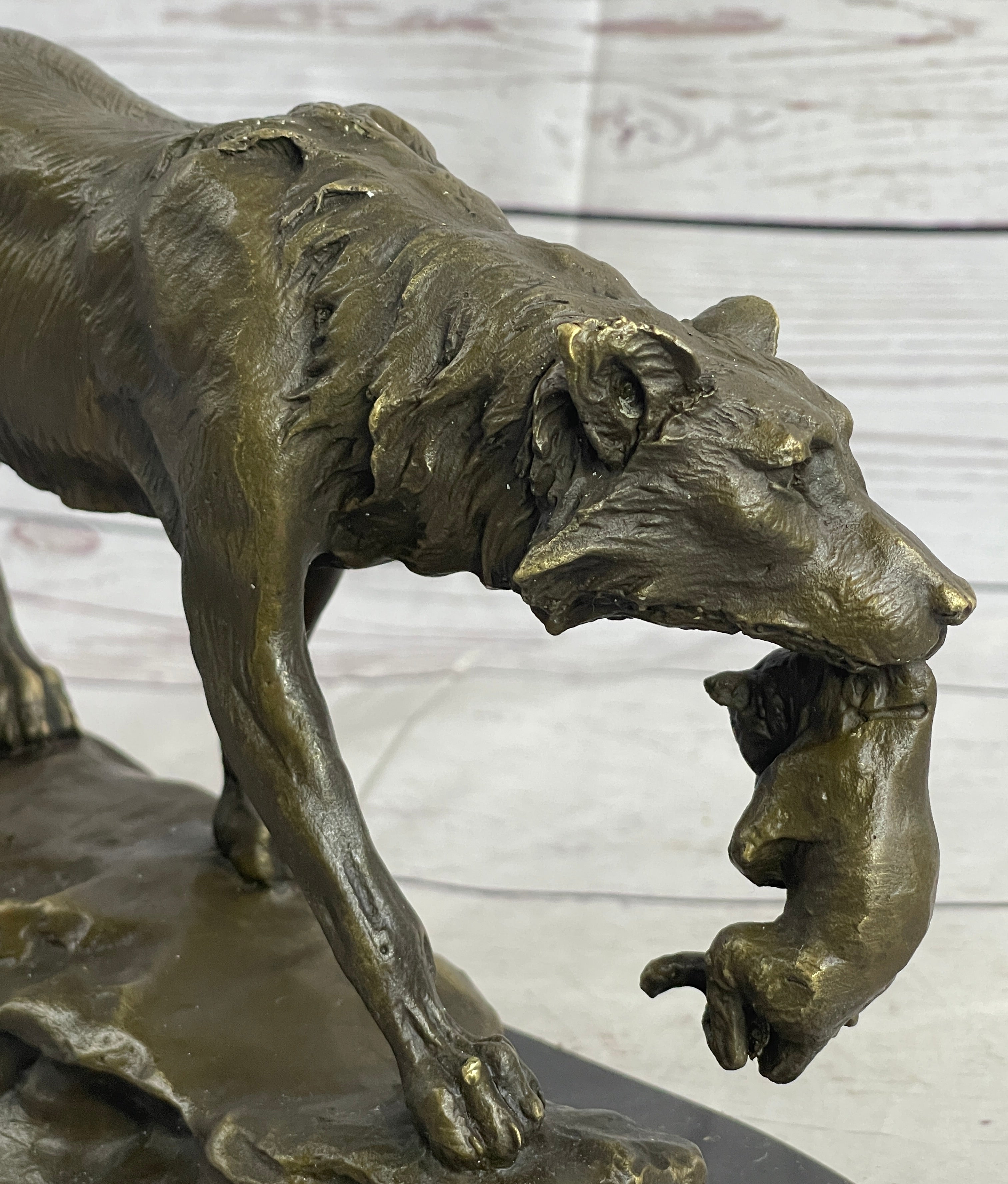 Wolf Carrying Cub Bronze Sculpture Marble Base 9" x 11"