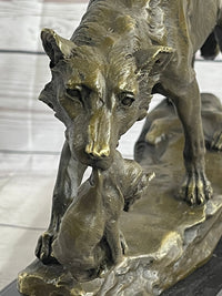 Wolf Carrying Cub Bronze Sculpture Marble Base 9" x 11"