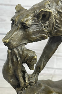 Wolf Carrying Cub Bronze Sculpture Marble Base 9" x 11"