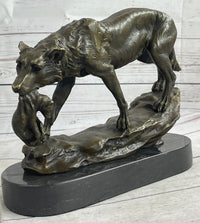 Wolf Carrying Cub Bronze Sculpture Marble Base 9" x 11"
