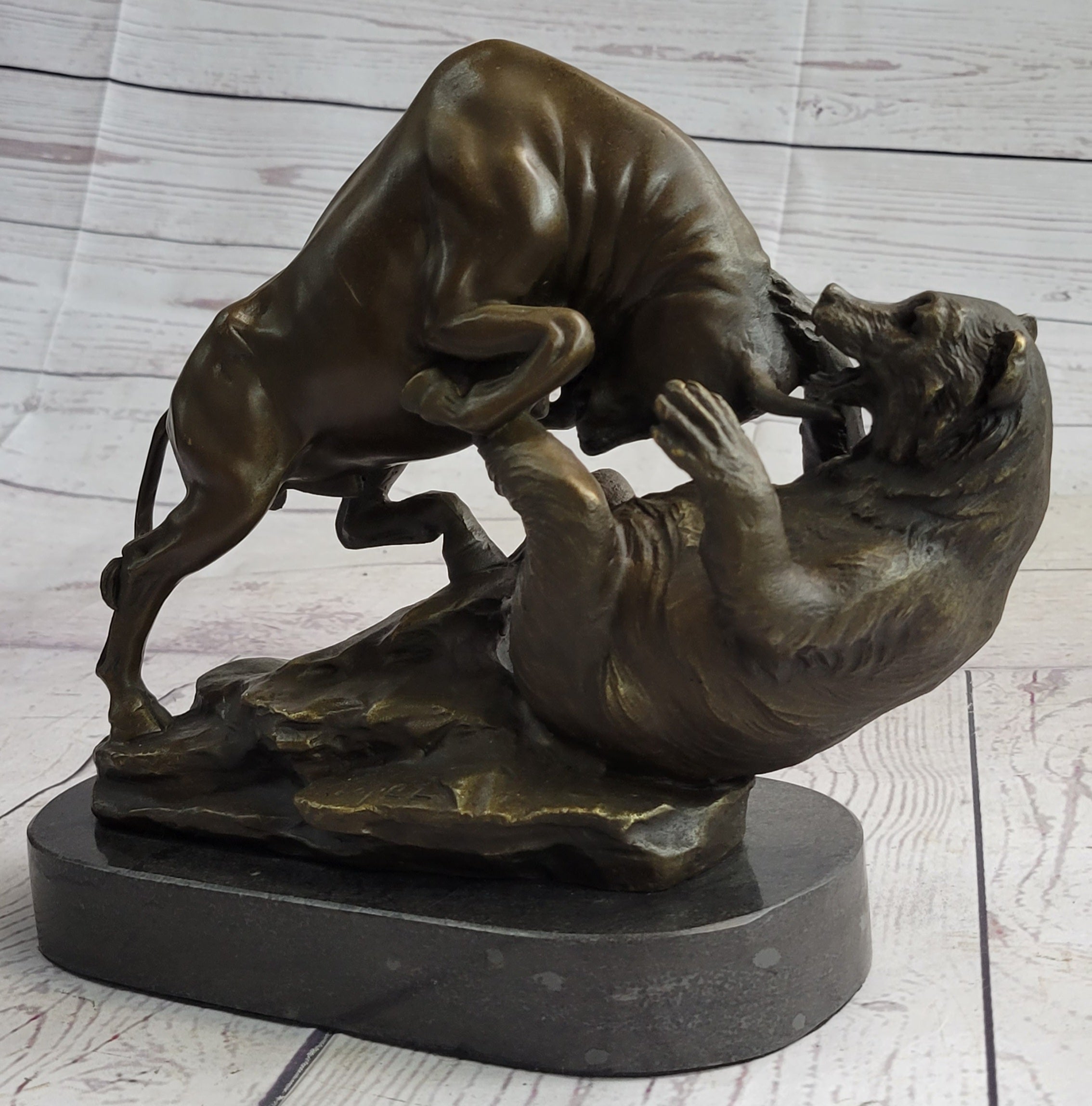Wall Street Bull vs Bear Market Bronze Metal Sculpture 9" x 11"