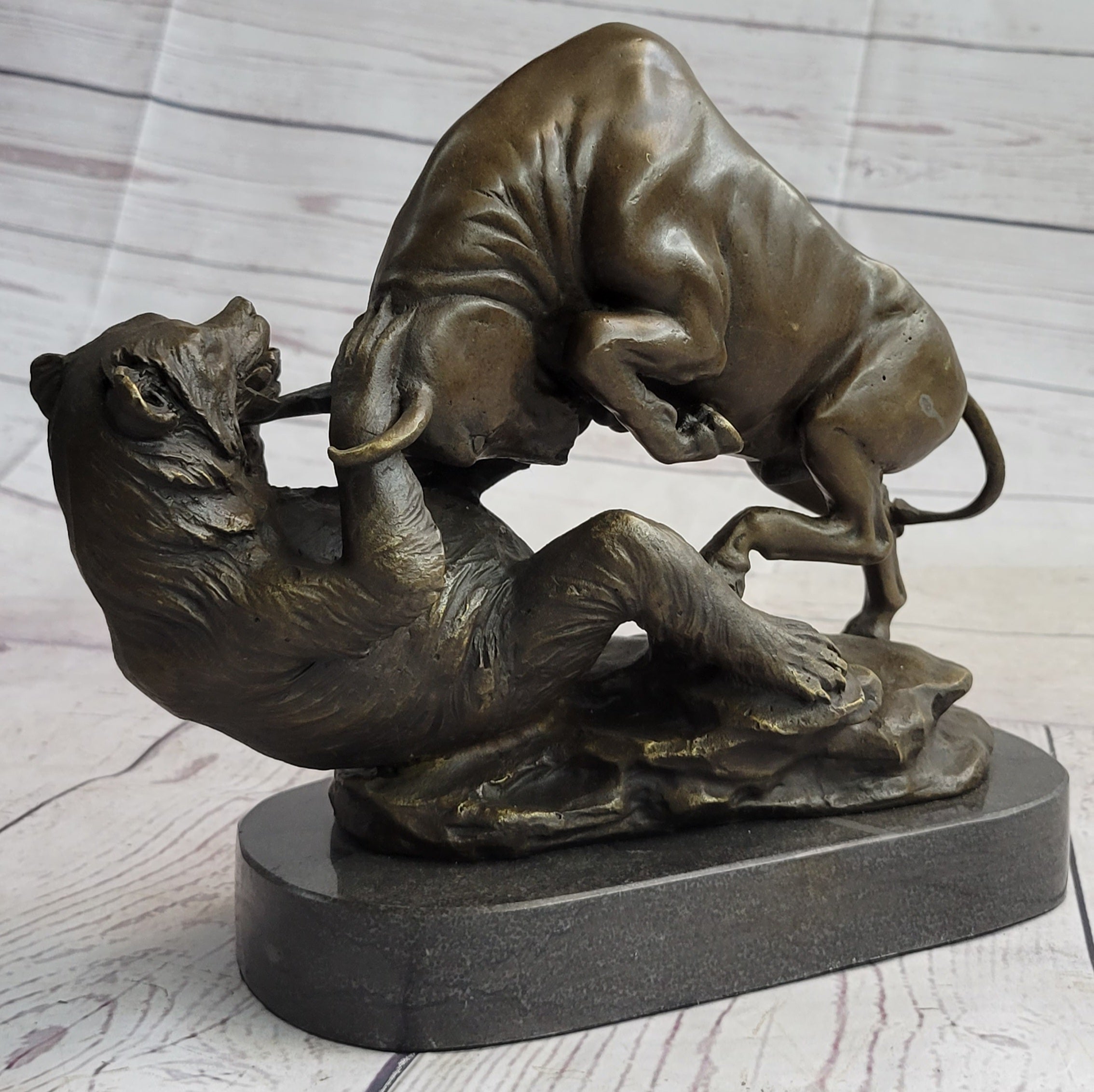 Wall Street Bull vs Bear Market Bronze Metal Sculpture 9" x 11"